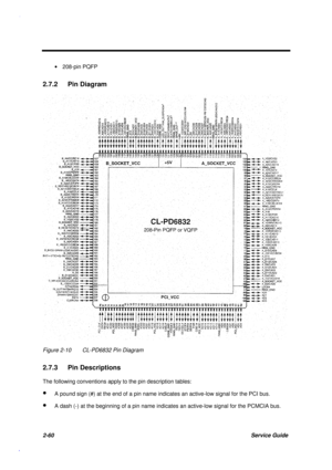 Page 1172-60Service Guide
· 208-pin PQFP
2.7.2 Pin Diagram
Figure 2-10 CL-PD6832 Pin Diagram
2.7.3 Pin Descriptions
The following conventions apply to the pin description tables:
· A pound sign (#) at the end of a pin name indicates an active-low signal for the PCI bus.
· A dash (-) at the beginning of a pin name indicates an active-low signal for the PCMCIA bus. 