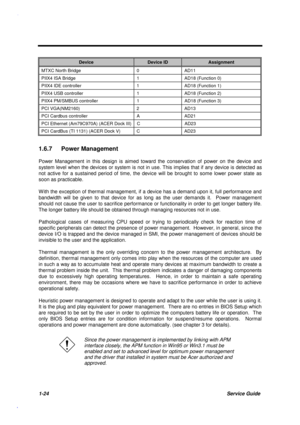 Page 371-24Service Guide
DeviceDevice IDAssignment
MTXC North Bridge 0 AD11
PIIX4 ISA Bridge 1 AD18 (Function 0)
PIIX4 IDE controller 1 AD18 (Function 1)
PIIX4 USB controller 1 AD18 (Function 2)
PIIX4 PM/SMBUS controller 1 AD18 (Function 3)
PCI VGA(NM2160) 2 AD13
PCI Cardbus controller A AD21
PCI Ethernet (Am79C970A) (ACER Dock III) C AD23
PCI CardBus (TI 1131) (ACER Dock V) C AD23
1.6.7 Power Management
Power Management in this design is aimed toward the conservation of power on the device and
system level...