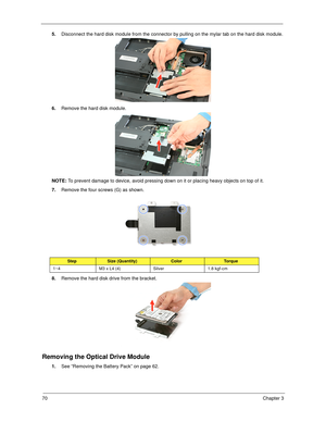 Page 8070Chapter 3
5.Disconnect the hard disk module from the connector by pulling on the mylar tab on the hard disk module.
6.Remove the hard disk module. 
NOTE: To prevent damage to device, avoid pressing down on it or placing heavy objects on top of it. 
7.Remove the four screws (G) as shown. 
8.Remove the hard disk drive from the bracket.
Removing the Optical Drive Module
1.See “Removing the Battery Pack” on page 62.
StepSize (Quantity)ColorTo r q u e
1~4 M3 x L4 (4) Silver 1.8 kgf-cm
SG_Tangiz.book  Page...