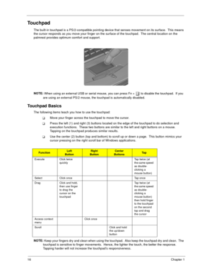 Page 2416Chapter 1
Touchpad
The built-in touchpad is a PS/2-compatible pointing device that senses movement on its surface.  This means 
the cursor responds as you move your finger on the surface of the touchpad.  The central location on the 
palmrest provides optimum comfort and support.
NOTE: 
When using an external USB or serial mouse, you can press Fn + 
r to disable the touchpad.  If you 
are using an external PS/2 mouse, the touchpad is automatically disabled.
Touchpad Basics
The following items teach you...