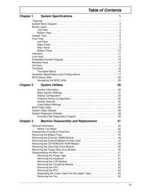 Page 7VII
Table of Contents
Chapter 1 System Specifications  1
 Features . . . . . . . . . . . . . . . . . . . . . . . . . . . . . . . . . . . . . . . . . . . . . . . . . . . . . . . . 1
System Block Diagram  . . . . . . . . . . . . . . . . . . . . . . . . . . . . . . . . . . . . . . . . . . . . .3
Board Layout   . . . . . . . . . . . . . . . . . . . . . . . . . . . . . . . . . . . . . . . . . . . . . . . . . . . . 4
Top View  . . . . . . . . . . . . . . . . . . . . . . . . . . . . . . . . . . . . . . . . . ....