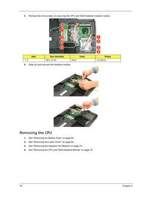 Page 8476Chapter 3
3.Remove the nine screws (C) securing the CPU and VGA heatsink module in place.   
4.Slide out and remove the heatsink module. 
Removing the CPU 
1.See “Removing the Battery Pack” on page 62..
2.See “Removing the Lower Cover” on page 64..
3.See “Removing the Heatsink Fan Module” on page 74.
4.See “Removing the CPU and VGA Heatsink Module” on page 75.
StepSize (Quantity)ColorTo r q u e
1~9 M2 x L4 (9) Silver 3.0 kgf-cm 