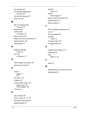 Page 178170Index
LCD Brackets 99
LCD Module Disassembly
Flowchart
 95
LCD with the Brackets 97
lower cover 64
M
Main Unit Disassembly
Flowchart
 73
Mainboard 89
media access
on indicator
 10
Memory Check 105
Middle Cover and Power Board 78
Model Definition 140
Modem Board 73
N
Notebook Manager
hotkey
 16
num lock
on indicator
 10
O
Online Support Information 167
optical drive module 70
P
Panel 5
Bottom 9
left 5
PC Card 10, 36
PCMCIA 36
Power System Check 105
Battery Pack 107
Power Adapter 106
Processor 31
S
sata...