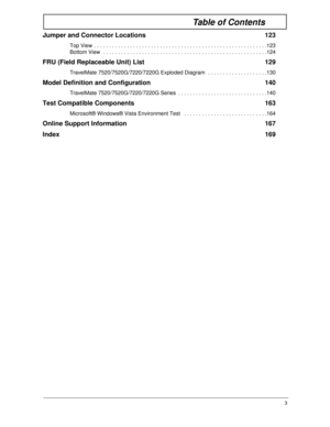 Page 93
Table of Contents
Jumper and Connector Locations  123
Top View  . . . . . . . . . . . . . . . . . . . . . . . . . . . . . . . . . . . . . . . . . . . . . . . . . . . . . . . . . .123
Bottom View  . . . . . . . . . . . . . . . . . . . . . . . . . . . . . . . . . . . . . . . . . . . . . . . . . . . . . . .124
FRU (Field Replaceable Unit) List  129
TravelMate 7520/7520G/7220/7220G Exploded Diagram  . . . . . . . . . . . . . . . . . . . .130
Model Definition and Configuration  140
TravelMate...