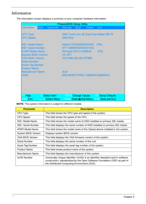 Page 3828Chapter 2
Information
The Information screen displays a summary of your computer hardware information.
NOTE: The system information is subject to different models.
ParameterDescription
CPU Type This field shows the CPU type and speed of the system.
CPU Speed This field shows the speed of the CPU.
IDE1 Model Name This field shows the model name of HDD installed on primary IDE master.
IDE1 Serial Number This field displays the serial number of HDD installed on primary IDE master.
ATAPI Model Name This...