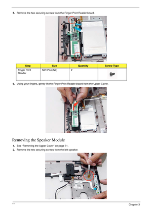 Page 8676Chapter 3
5.Remove the two securing screws from the Finger Print Reader board.
6.Using your fingers, gently lift the Finger Print Reader board from the Upper Cover.
Removing the Speaker Module
1.See “Removing the Upper Cover” on page 71.
2.Remove the two securing screws from the left speaker.
StepSizeQuantityScrew Type
Finger Print 
ReaderM2.5*L4 (NL) 2 