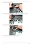 Page 123Chapter 311 3
3.Connect the LCD cable on the top panel.
4.Insert the Antenna Cables through the Upper Cover. Make sure they are accessible from the underside.
5. Secure the cables in place as shown.
6.Turn the computer over and pull the antenna cables until it is taunt. 