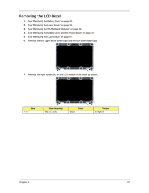 Page 107Chapter 397
Removing the LCD Bezel
1.See “Removing the Battery Pack” on page 62.
2.See “Removing the Lower Cover” on page 64.
3.See “Removing the WLAN Board Modules” on page 68.
4.See “Removing the Middle Cover and the Power Board” on page 78.
5.See “Removing the LCD Module” on page 81.
6.Remove the four upper bezel screw caps and the four lower bezel caps. 
7.Remove the eight screws (A) on the LCD module in the order as shown. 
StepSize (Quantity)ColorTo r q u e
1~8 M2.5 x L6 (8) Black 3.0 kgf-cm...