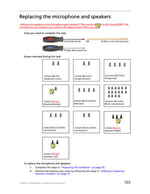 Page 113Chapter 3: Replacing notebook components103
Replacing the microphone and speakers

Tools you need to complete this task:v
Screws removed during this task:
To replace the microphone and speakers:
1Complete the steps in “Preparing the notebook” on page 55.
2Remove the memory bay cover by following the steps in “Adding or replacing 
memory modules” on page 57.
Flat-blade driver Scribe or non-marring tool
- OR -
Phillips #0 screwdriver
2 black M2.5×6.5 
(Hinge-bottom)2 black M2.5×5 
(Keyboard cover)
1 black...