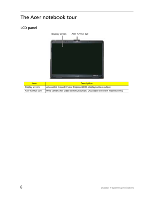 Page 146Chapter 1: System specifications
The Acer notebook tour
LCD panel
ItemDescription
Display screen Also called Liquid-Crystal Display (LCD), displays video output.
Acer Crystal Eye Web camera for video communication. (Available on select models only.)
Acer Crystal Eye
Display screen 