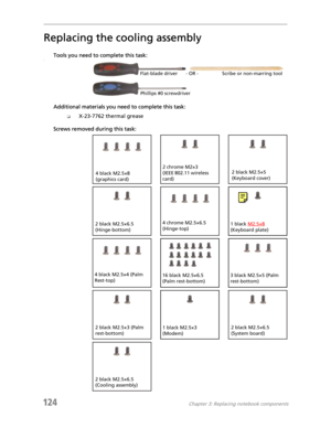 Page 134124Chapter 3: Replacing notebook components
Replacing the cooling assembly
Tools you need to complete this task:v
Additional materials you need to complete this task:
❑X-23-7762 thermal grease
Screws removed during this task:
Flat-blade driver Scribe or non-marring tool- OR -
Phillips #0 screwdriver
2 black M2.5×6.5 
(Hinge-bottom)
2 black M2.5×5 
(Keyboard cover)
1 black M2.5×8 
(Keyboard plate)
4 black M2.5×4 (Palm 
Rest-top)
2 black M2.5×3 (Palm 
rest-bottom)
4 chrome M2.5×6.5 
(Hinge-top)
1 black...