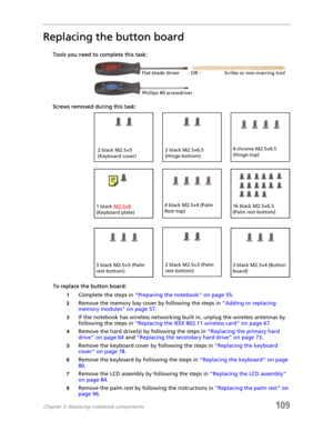 Page 119Chapter 3: Replacing notebook components109
Replacing the button board
Tools you need to complete this task:v
Screws removed during this task:
To replace the button board:
1Complete the steps in “Preparing the notebook” on page 55.
2Remove the memory bay cover by following the steps in “Adding or replacing 
memory modules” on page 57.
3If the notebook has wireless networking built in, unplug the wireless antennas by 
following the steps in “Replacing the IEEE 802.11 wireless card” on page 67.
4Remove the...