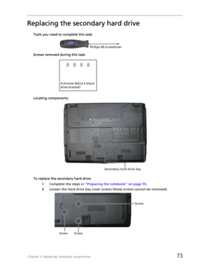 Page 81Chapter 3: Replacing notebook components73
Replacing the secondary hard drive
Tools you need to complete this task:
Screws removed during this task:
Locating components:
To replace the secondary hard drive:
1Complete the steps in “Preparing the notebook” on page 55.
2Loosen the hard drive bay cover screws (these screws cannot be removed).
Phillips #0 screwdriver
4 chrome M3×3.5 (Hard 
drive bracket)
Secondary hard drive bay
Screw ScrewScrew 