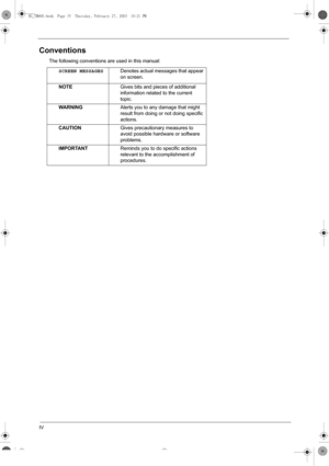 Page 4IV
Conventions
The following conventions are used in this manual:
SCREEN MESSAGESDenotes actual messages that appear 
on screen.
NOTEGives bits and pieces of additional 
information related to the current 
topic.
WARNINGAlerts you to any damage that might 
result from doing or not doing specific 
actions.
CAUTIONGives precautionary measures to 
avoid possible hardware or software 
problems.
IMPORTANTReminds you to do specific actions 
relevant to the accomplishment of 
procedures.
SG_TM800.book  Page IV...