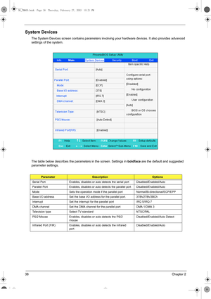 Page 4638Chapter 2
System Devices
The System Devices screen contains parameters involving your hardware devices. It also provides advanced 
settings of the system.
The table below describes the parameters in the screen. Settings in 
boldface are the default and suggested 
parameter settings.
ParameterDescriptionOptions
Serial Port Enables, disables or auto detects the serial port Disabled/Enabled/Auto
Parallel Port Enables, disables or auto detects the parallel port Disabled/Enabled/Auto
Mode Sets the operation...