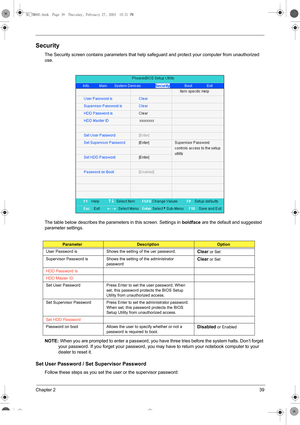 Page 47Chapter 239
Security
The Security screen contains parameters that help safeguard and protect your computer from unauthorized 
use.
The table below describes the parameters in this screen. Settings in 
boldface are the default and suggested 
parameter settings.
NOTE: When you are prompted to enter a password, you have three tries before the system halts. Don’t forget 
your password. If you forget your password, you may have to return your notebook computer to your 
dealer to reset it.
Set User Password /...
