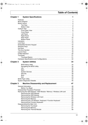 Page 7VII
Chapter 1 System Specifications 1
Features. . . . . . . . . . . . . . . . . . . . . . . . . . . . . . . . . . . . . . . . . . . . . . . . . . . . . . . . . . .  1
Block Diagram . . . . . . . . . . . . . . . . . . . . . . . . . . . . . . . . . . . . . . . . . . . . . . . . . . . . . .  3
Board Layout . . . . . . . . . . . . . . . . . . . . . . . . . . . . . . . . . . . . . . . . . . . . . . . . . . . . . . .  4
Top View  . . . . . . . . . . . . . . . . . . . . . . . . . . . . . . . . . . . . . . . . ....