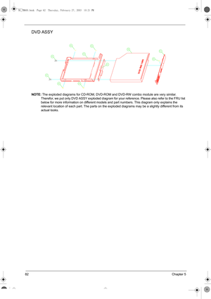 Page 9082Chapter 5
DVD ASSY
NOTE: The exploded diagrams for CD-ROM, DVD-ROM and DVD-RW combo module are very similar. 
Therefor, we put only DVD ASSY exploded diagram for your reference. Please also refer to the FRU list 
below for more information on different models and part numbers. This diagram only explains the 
relevant location of each part. The parts on the exploded diagrams may be a slightly different from its 
actual looks.
SG_TM800.book  Page 82  Thursday, February 27, 2003  10:21 PM 