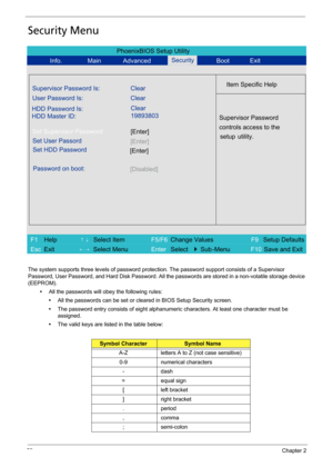 Page 6252Chapter 2
Security Menu
The system supports three levels of password protection. The password support consists of a Supervisor 
Password, User Password, and Hard Disk Password. All the passwords are stored in a non-volatile storage device 
(EEPROM).
•All the passwords will obey the following rules:
•All the passwords can be set or cleared in BIOS Setup Security screen.
•The password entry consists of eight alphanumeric characters. At least one character must be 
assigned.
•The valid keys are listed in...