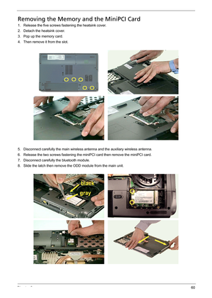 Page 70Chapter 360
Removing the Memory and the MiniPCI Card
1. Release the five screws fastening the heatsink cover.
2. Detach the heatsink cover.
3. Pop up the memory card.
4. Then remove it from the slot.
5. Disconnect carefully the main wireless antenna and the auxiliary wireless antenna.
6. Release the two screws fastening the miniPCI card then remove the miniPCI card.
7. Disconnect carefully the bluetooth module.
8. Slide the latch then remove the ODD module from the main unit. 