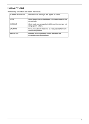 Page 5V
Conventions
The following conventions are used in this manual:
SCREEN MESSAGES Denotes actual messages that appear on screen.
NOTE Gives bits and pieces of additional information related to the 
current topic.
WARNING Alerts you to any damage that might result from doing or not 
doing specific actions.
CAUTION Gives precautionary measures to avoid possible hardware 
or software problems.
IMPORTANT Reminds you to do specific actions relevant to the 
accomplishment of procedures. 