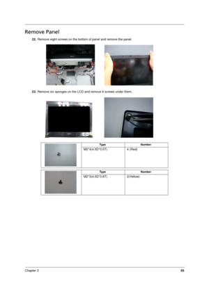 Page 63
Chapter 355
Remove Panel
22.Remove eight screws on the bottom of panel and remove the panel.
23. Remove six sponges on the LCD and remove 6 screws under them.
  
Ty p e N u m b e r
M2*4(4.5D*0. 5T) 4 (Red)
  
Ty p e N u m b e r
M2*3(4.5D*0. 8T) 2(Yellow) 