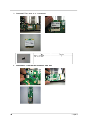 Page 5446Chapter 3
3.Remove the FFC and screw on the Wireless board.
4.Remove the FFC on the panel and remove Card reader board.  
Ty p e N u m b e r
M2*5(4.5D*0.8T) 1 