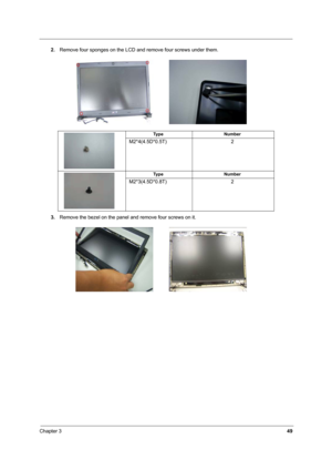 Page 57Chapter 349
2.Remove four sponges on the LCD and remove four screws under them.
3.Remove the bezel on the panel and remove four screws on it.   
Ty p e N u m b e r
M2*4(4.5D*0.5T) 2
  
Ty p e N u m b e r
M2*3(4.5D*0.8T) 2 