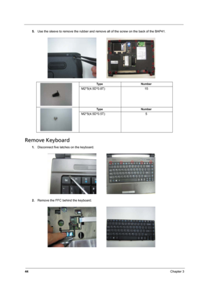 Page 5244Chapter 3
5.Use the sleeve to remove the rubber and remove all of the screw on the back of the BAP41.   
Remove Keyboard
1.Disconnect five latches on the keyboard. 
2.Remove the FFC behind the keyboard.  
Ty p e N u m b e r
M2*5(4.5D*0.8T) 15
  
Ty p e N u m b e r
M2*5(4.5D*0.5T) 5 