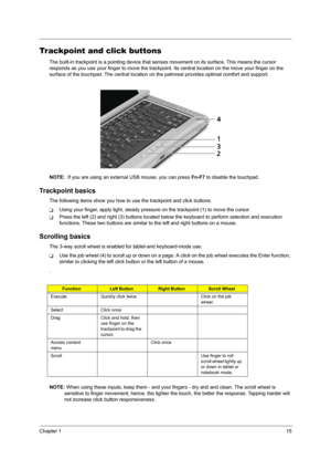 Page 23Chapter 115
Trackpoint and click buttons
The built-in trackpoint is a pointing device that senses movement on its surface. This means the cursor 
responds as you use your finger to move the trackpoint. Its central location on the move your finger on the 
surface of the touchpad. The central location on the palmrest provides optimal comfort and support.
NOTE:  If you are using an external USB mouse, you can press Fn-F7 to disable the touchpad.
Trackpoint basics
The following items show you how to use the...