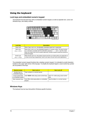 Page 2416Chapter 1
Using the keyboard
Lock keys and embedded numeric keypad
The keyboard has full-sized keys with an embedded numeric keypad, as well as separate lock, cursor and 
Windows keys, and hotkey controls.
The embedded numeric keypad functions like a desktop numeric keypad. It is indicated by small characters 
located on the upper right corner of the keycaps. To simplify the keyboard legend, cursor-control key symbol 
are not printed on the keys.
Windows Keys
The keyboard has two keys that perform...