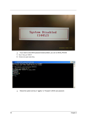 Page 6254Chapter 2
TIf you need to solve BIOS password locked problem, you can run BIOS_PW.EXE
1.
Key in “bios_pw 14452 0”
2.Choose one upper-case string
TReboot the system and key in “qjjg9vy” or “07yqmjd” to BIOS user password. 