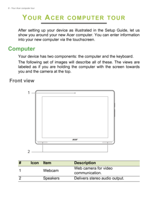 Page 88 - Your Acer computer tour
YOUR ACER COMPUTER TOUR
After setting up your device as illustrated in the Setup Guide, let us 
show you around your new Acer computer. You can enter information 
into your new computer via the touchscreen.
Computer
Your device has two components: the computer and the keyboard.
The following set of images will des cribe all of these. The views are 
labeled as if you are holding the computer with the screen towards 
you and the camera at the top.
Front view...