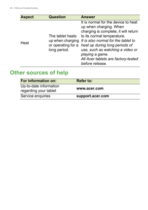 Page 4646 - FAQ and troubleshooting
Other sources of help
For information on:Refer to:
Up-to-date information 
rega
 rding your tablet www.acer.com
Service enquiries support.acer.com
HeatThe tablet heats 
up when charging 
or operating for a 
long period. It is normal for the device to heat 
up when charging. When 
charging is complete, it will return 
to its normal temperature.
It is also normal for the tablet to 
heat up during long periods of 
use, such as watching a video or 
playing a game.
All Acer...