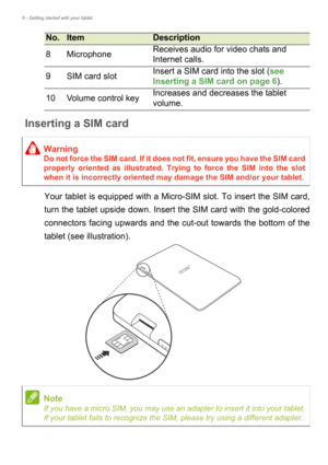 Page 66 - Getting started with your tablet
Inserting a SIM card
Your tablet is equipped with a Micro-SIM slot. To insert the SIM card, 
turn the tablet upside down. Insert the SIM card with the gold-colored 
connectors facing upwards and the cut-out towards the bottom of the 
tablet (see illustration).
8MicrophoneReceives audio for video chats and 
Internet calls.
9SIM card slotInsert a SIM card into the slot (see 
Inserting a SIM card on page 6).
10Volume control keyIncreases and decreases the tablet...