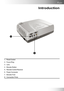 Page 77
English
1. Panel Control
2. Focus Ring
3. Lens
4. Elevator Button
5. Remote Control Receiver
6. Power Connector
7. Elevator Foot
8. Connection Ports
Introduction
5
8       