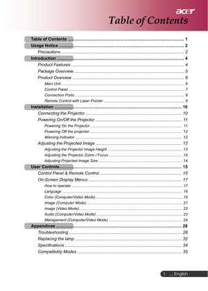 Page 1 ... English
1
Table of Contents
Table of Contents .................................................................................................. 1
Usage Notice ......................................................................................................... 2
Precautions ......................................................................................................... 2
Introduction...