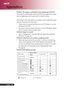 Page 30English...
30Problem: The image is outstretched when displaying 16:9 DVD.
The projector automatically detects 16:9 DVD and adjusts the aspect
ratio by digitizing to full screen with 4:3 default setting.
If the image is still outstretched, you will also need to adjust the aspect
ratio by referring to the following:
Please select 4:3 aspect ratio type on your DVD player if you are
playing a 16:9 DVD.
If you can’t select 4:3 aspect ratio type on your DVD player, please
select 4:3 aspect ratio on screen...