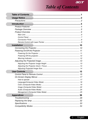 Page 11... English
Table of Contents
Table of Contents....................................................................................... 1
Usage Notice.............................................................................................. 2
Precautions......................................................................................................... 2
Introduction................................................................................................ 4
Product...