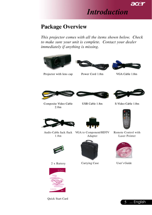 Page 55... English
Power Cord 1.8mVGA Cable 1.8m
2 x Battery
Introduction
Composite Video Cable
2.0m Projector with lens cap
Package Overview
This projector comes with all the items shown below.  Check
to make sure your unit is complete.  Contact your dealer
immediately if anything is missing.
Carrying Case
USB Cable 1.8m
User’s Guide
S-Video Cable 1.8m
Audio Cable Jack /Jack
1.8mVGA to Component/HDTV
Adapter
Quick Start Card
Remote Control with
Laser Pointer                             