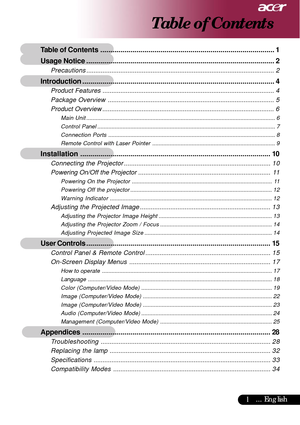 Page 11... English
Table of Contents
Table of Contents........................................................................\
............... 1
Usage Notice ........................................................................\
...................... 2
Precautions........................................................................\
................................. 2
Introduction ........................................................................\
........................ 4
Product Features...