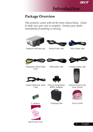 Page 55... English
Power Cord 1.8m VGA Cable 1.8mRemote Control withLaser Pointer
2 x Battery
Introduction
Composite Video Cable 2.0m
Projector with lens cap
Package Overview
This projector comes with all the items shown below.  Check
to make sure your unit is complete.  Contact your dealer
immediately if anything is missing.
Carrying Case
USB Cable 1.8m
User’s Guide
Quick Start Card
VGA to Component/
HDTV Adapter
S-Video Cable 1.8m
Audio Cable Jack /Jack 1.8m                               