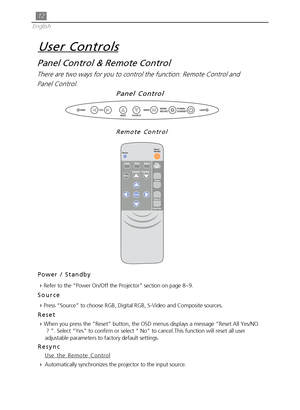 Page 1212
English
Panel Control & Remote Control
There are two ways for you to control the function: Remote Control and
Panel Control.
User Controls
Power / Standby
4
Refer to the “Power On/Off the Projector” section on page 8~9.
Source
4
Press “Source” to choose RGB, Digital RGB, S-Video and Composite sources.
Reset
4
When you press the “Reset” button, the OSD menus displays a message “Reset All Yes/NO
 ? ”. Select “Yes” to confirm or select “ No” to cancel.This function will reset all user
adjustable...