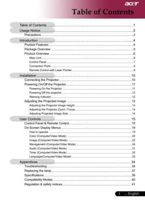 Page 3
1... English

Table of Contents
Table of Contents .........................................................................................1
Usage Notice ................................................................................................2
Precautions ..........................................................................................................2
Introduction ..................................................................................................4
Product Features...