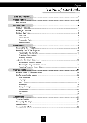 Page 11
English
Table of Contents
Table of Contents....................................................................................... 1
Usage Notice.............................................................................................. 2
Precautions......................................................................................................... 2
Introduction................................................................................................ 4
Product...