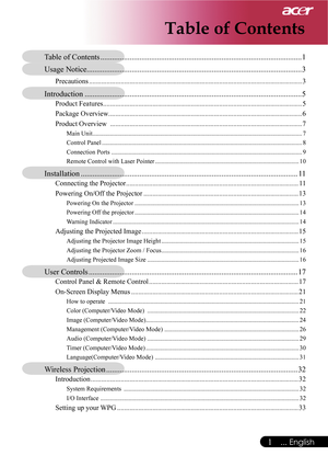 Page 3
1... English
Table of Contents
Table of Contents .......................................................................................................1
Usage Notice ..............................................................................................................3
Precautions .........................................................................................................................3
Introduction...