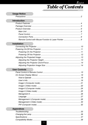 Page 1
E
	

Precautions ........................................................................................................ 2

		

Product Features ............................................................................................... 4
Package Overview ............................................................................................. 5
Product Overview ............................................................................................... 6
Main Unit...