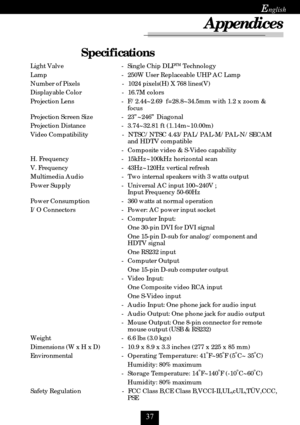 Page 37
E
Specifications
Light Valve - Single Chip DLPTM Technology
Lamp - 250W User Replaceable UHP AC Lamp
Number of Pixels - 1024 pixels(H) X 768 lines(V)
Displayable Color - 16.7M colors
Projection Lens -F/2.44~2.69  f=28.8~34.5mm with 1.2 x zoom &
focus
Projection Screen Size -23”~246” Diagonal
Projection Distance -3.74~32.81 ft (1.14m~10.00m)
Video Compatibility - NTSC/NTSC 4.43/PAL/PAL-M/PAL-N/SECAM
and HDTV compatible
- Composite video & S-Video capability
H. Frequency - 15kHz~100kHz horizontal...