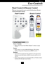 Page 15
E
User Controls
Remote Control Panel Control
Panel Control & Remote Control
There are two ways for you to control the functions: Remote
Control and Panel Control.
Use the Remote Control
Power / Standby
Refer to the “Power On/Off the Projector” section on page
11~12.
Source
Press “Source” to choose RGB, DVI-Digital, DVI-Analog,
S-Video, Composite, Component and HDTV sources.
Re-Sync
Automatically synchronizes the projector to the input source,
when you press this button while the remote...