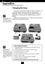 Page 36
E
Appendices
Changing the lamp
The projector will detect the lamp life itself.  It will show you
a warning message “Lamp may fail soon ! Replacement
Suggested !” When you see this message, please contact your
local reseller or service center to change the lamp as soon as
possible.
Make sure the projector has been cooled down for at least 30
minutes before changing the lamp.
Warning : Lamp
compartment is hot!
Allow it to cool down
before changing lamp!
Lamp Changing Procedure:
1.Turn off the...